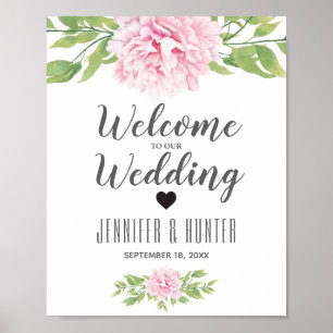 Welcome Wedding Sign Pink Peony Watercolor Flower