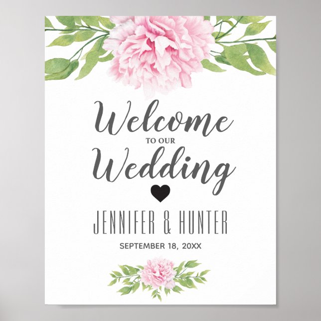 Welcome Wedding Sign Pink Peony Watercolor Flower (Front)