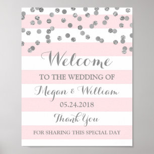 Welcome Wedding Sign Pink Stripe Silver Confetti