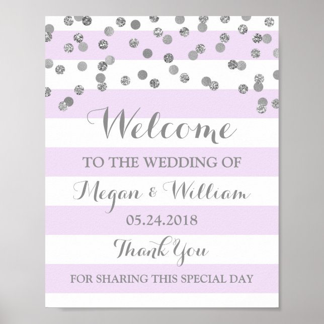 Welcome Wedding Sign Purple Stripe Silver Confetti (Front)