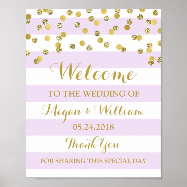 Welcome Wedding Sign Purple Stripes Gold Confetti (Front)
