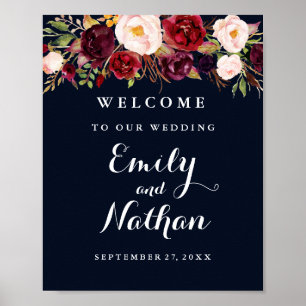 Welcome Wedding Sign Rustic Burgundy Navy Floral