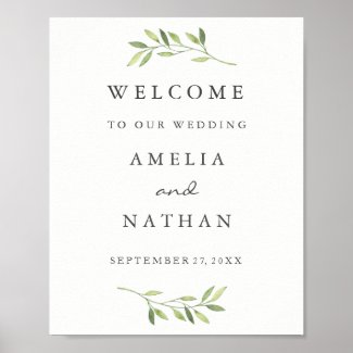 Welcome Wedding Sign Watercolor Green Leaf