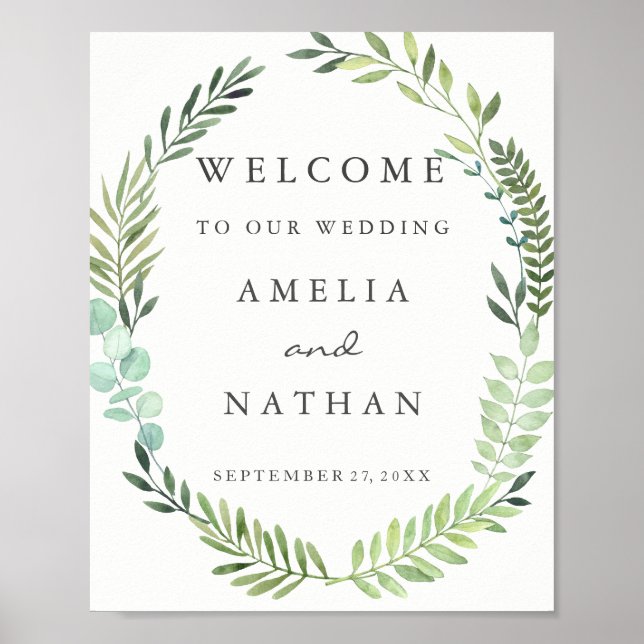 Welcome Wedding Sign Watercolor Green Leaf Wreath (Front)