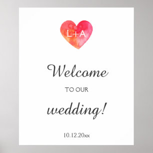 Welcome wedding sign, watercolor heart, initials poster