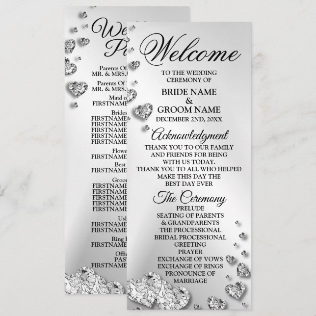 Welcome Wedding Silver Hearts Grey Elegant Rustic Program (Front/Back)