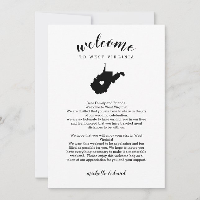 Welcome West Virginia  Wedding Letter & Itinerary (Front)
