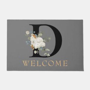 WELCOME White Floral Gold Accents Monogram D Doormat