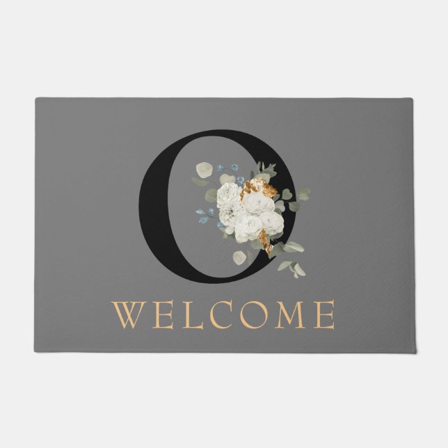 WELCOME White Floral Gold Accents Monogram O Doormat (Front)