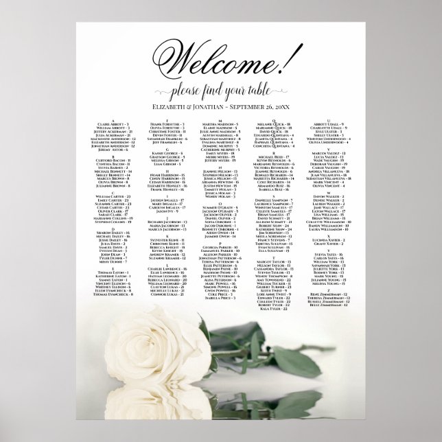 Welcome! White Rose Alphabetical Seating Chart (Front)