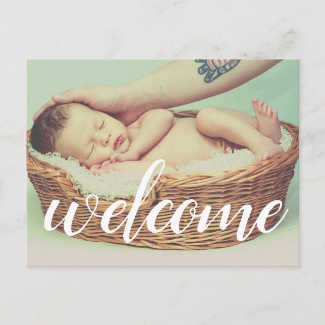 Welcome White Script Overlay Photo Personalized Announcement Postcard (Front)