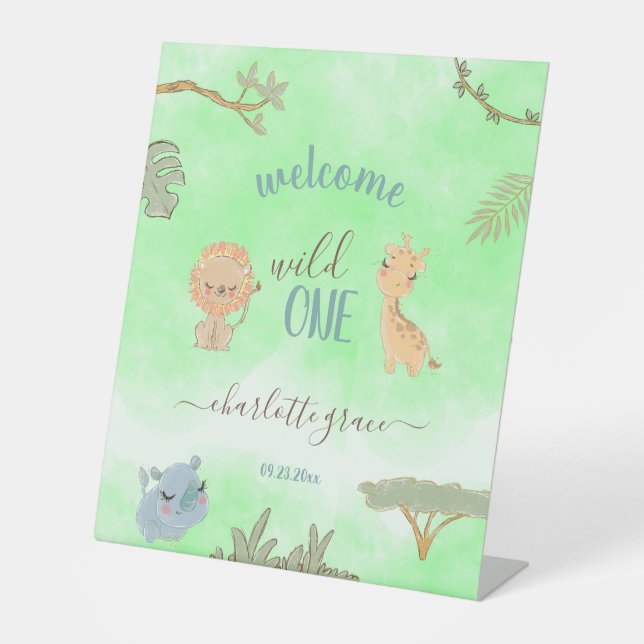 Welcome Wild One Jungle Friends First Birthday Pedestal Sign (Front)