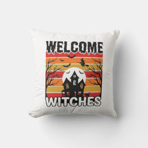 Welcome Witches Vintage Halloween Engraving Design Throw Pillow