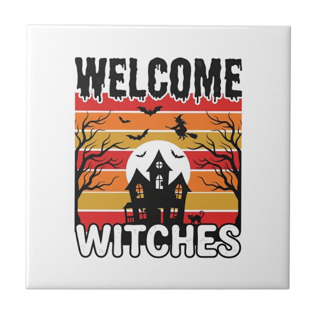 Welcome Witches Vintage Halloween Engraving Design Tile (Front)