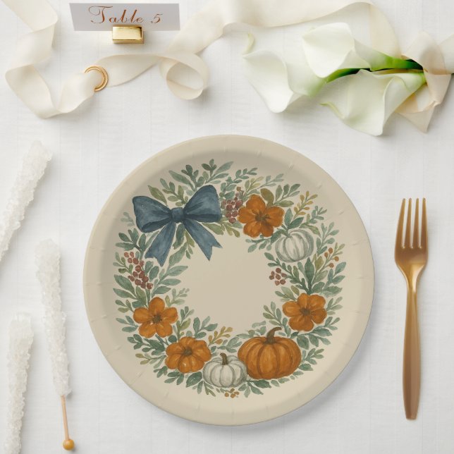 Welcome Wreath Grey Pumpkin Painting Paper Plate (Wedding)