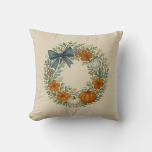 Welcome Wreath Grey Pumpkin Painting Throw Pillow