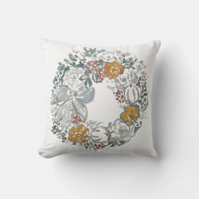 Welcome Wreath Grey Pumpkin Painting Throw Pillow (Front)