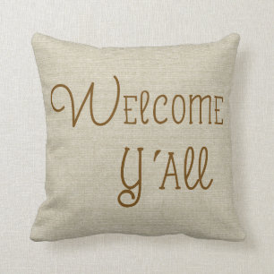 Welcome Y'All burlap-look custom name Throw Pillow