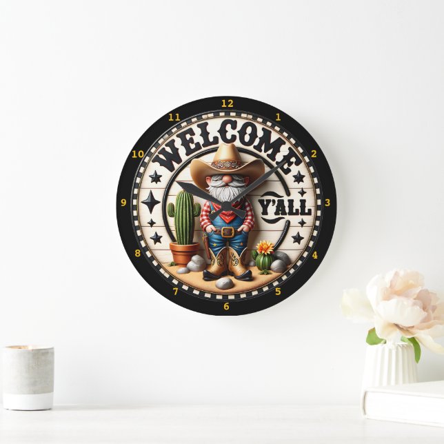 Welcome Y'all Cowboy Gnome  Large Clock (Home)