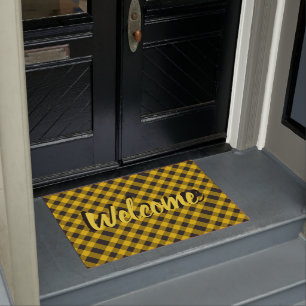 Welcome yellow and black plaid doormat