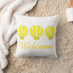 Welcome Yellow Seashells Beach House Decor Throw Pillow