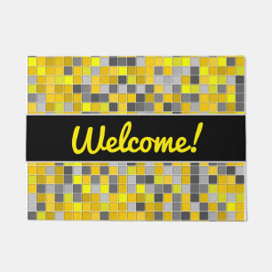 Welcome! + Yellows and Greys Tiled Squares Pattern Doormat