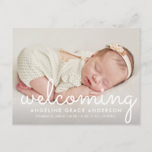 Welcoming   fun script baby announcement postcard