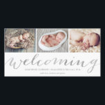 Welcoming Silver Script | Birth Announcement<br><div class="desc">This simple and chic 3-photo birth announcement photo card features a collage with whimsical script lettering that highlights your new arrival. Please note that this is not actual metallic foil and will be printed flat.</div>