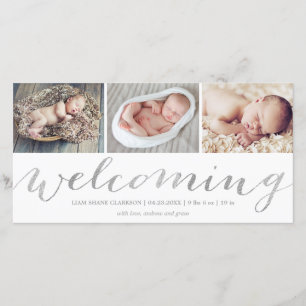 Welcoming Silver Script Birth Announcement