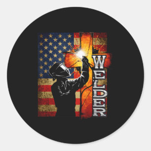Welder American Flag Welding Faith Cross Christian Classic Round Sticker