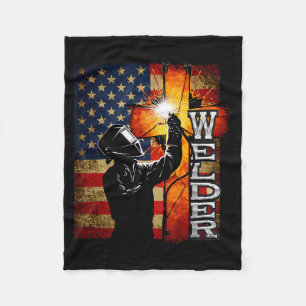 Welder American Flag Welding Faith Cross Christian Fleece Blanket