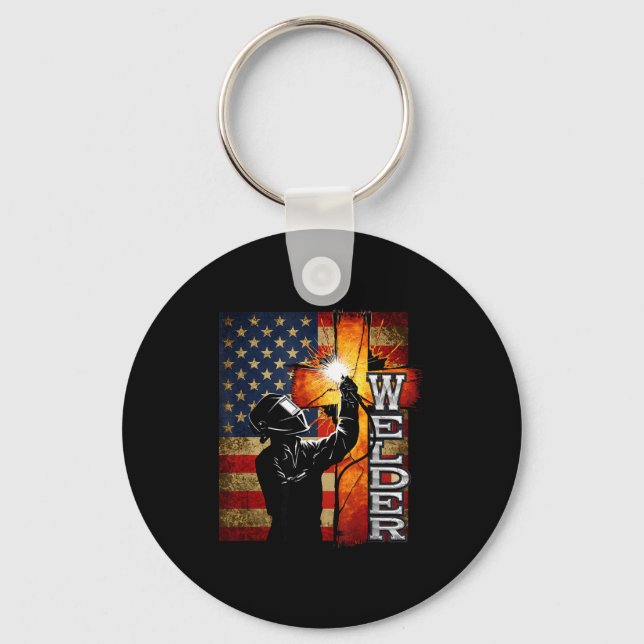 Welder American Flag Welding Faith Cross Christian Keychain (Front)
