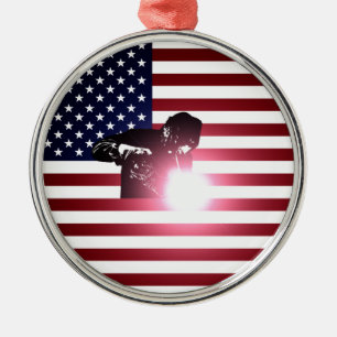 Welder and American Flag Metal Ornament