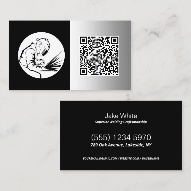🔥Welder Custom Black Faux Metall QR Business Card (Front/Back)