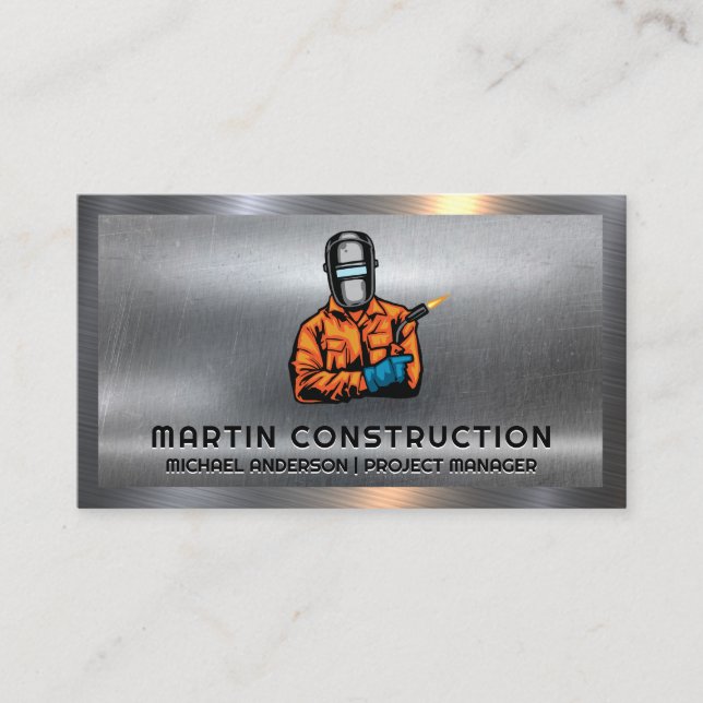 Welder Holding Blow Torch | Metal Business Card (Front)