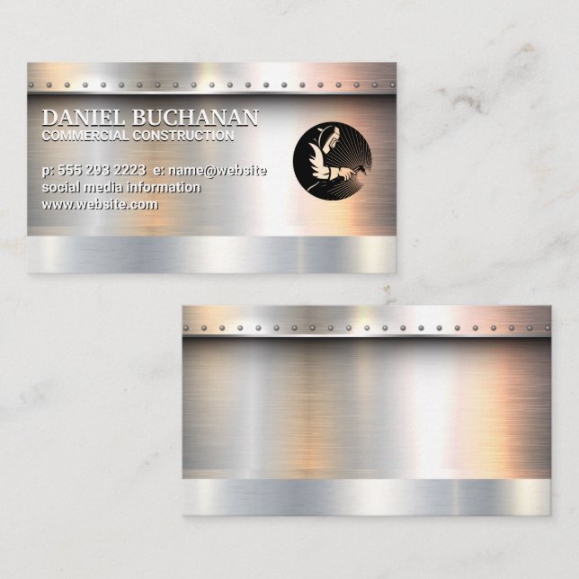 Welder | Metallic Brushed with Rivets Background Business Card (Front/Back)