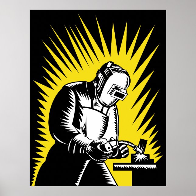 welder worker working welding woodcut poster (Front)