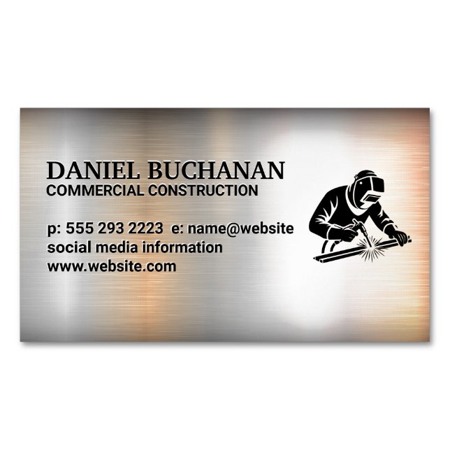 Welder Working on Steel | Metallic Background Magnetic Business Card (Front)
