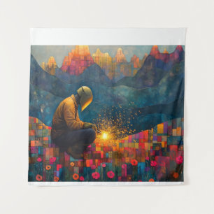 Welding Art - Mountain Landscape with Sparks Tapestry