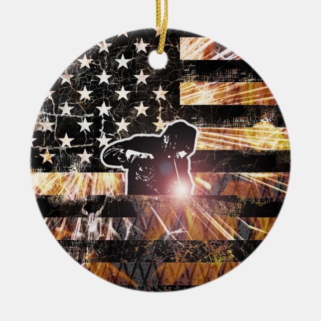 Welding Flag Sparks and Flames Ceramic Ornament (Front)