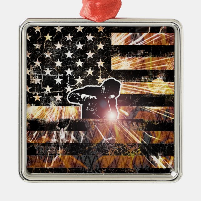 Welding Flag Sparks and Flames Metal Ornament (Front)