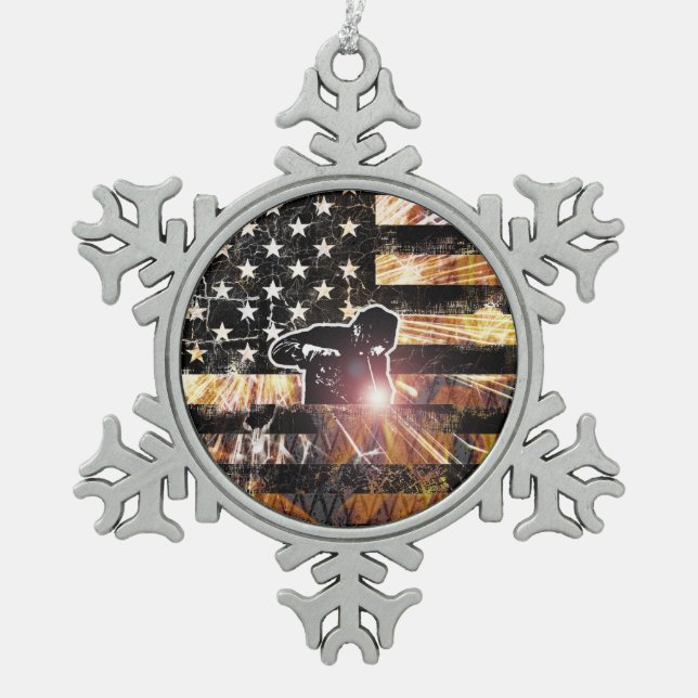 Welding Flag Sparks and Flames Snowflake Pewter Christmas Ornament (Front)