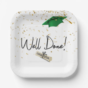 Well Done Graduation Gold Confetti With Green Cap Paper Plate