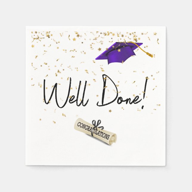 Well Done Graduation Gold Confetti With Purple Cap Napkin (Front)