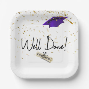 Well Done Graduation Gold Confetti With Purple Cap Paper Plate