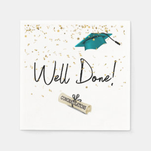 Well Done Graduation Gold Confetti With Teal Cap Napkin