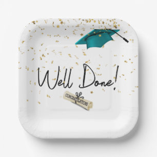Well Done Graduation Gold Confetti With Teal Cap Paper Plate