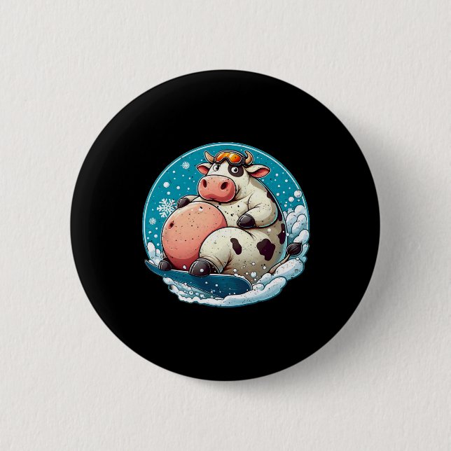 Well-fed Cow Snowboarding  2 Inch Round Button (Front)