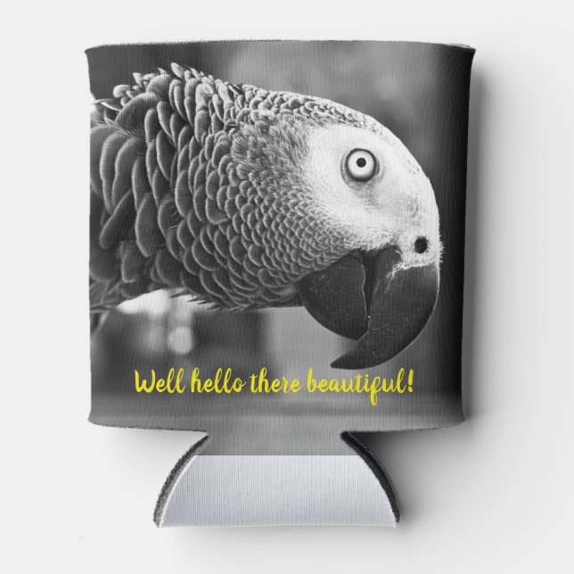 Well hello there beautiful - A creepy grey parrot Can Cooler (Front)