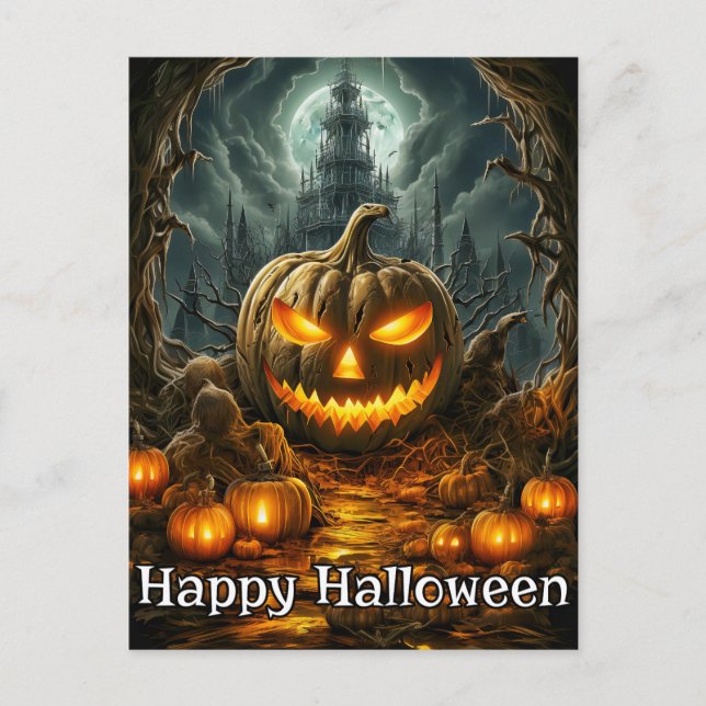 Well-lit Nefarious Pumpkin | Happy Halloween Postcard (Front)